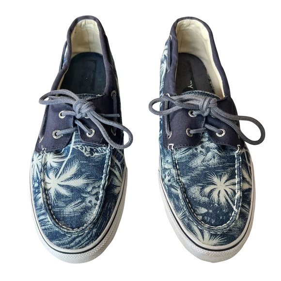 Tropical Sperry Topsider, Boat Shoe, Gray/Blue Palm Trees, Dress Sneakers Sz 11 - Picture 1 of 13